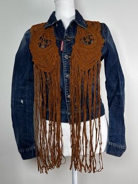 Dsquared2 Denim Jean Jacket Crochet Fringe Size 38 XS Coastal Cowgirl boho